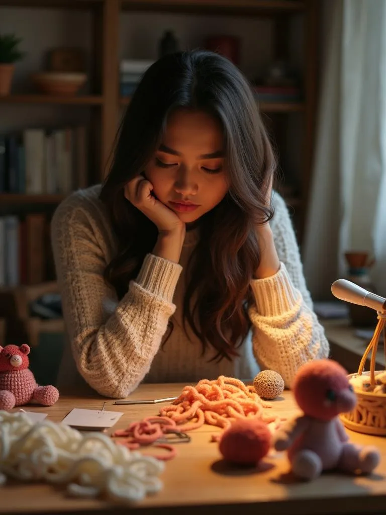 Bezorgde vrouw die amigurumi haakt